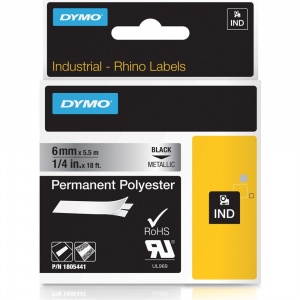 Dymo Rhino 6mm Black on Metallic Polyester Tape (1805441)