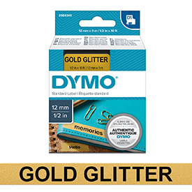 Dymo 12mm Black on Gold Glitter D1 Tape