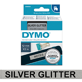 Dymo 12mm Black on Silver Glitter D1 Tape