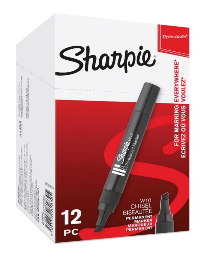 Glass Sharpie W10 Permanent Black Marker Chisel Tip Wood...Box Of 12 Plastic 